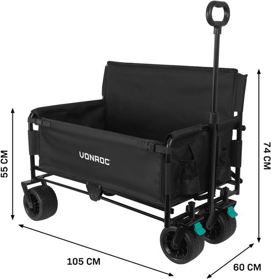 VONROC Wagon - Avec fonction siège - Pliable - Capacité de charge de 120 kg - Capacité de 115l - Roues solides anti-fuites - Cadre en acier robuste - Polyester 600D - Noir