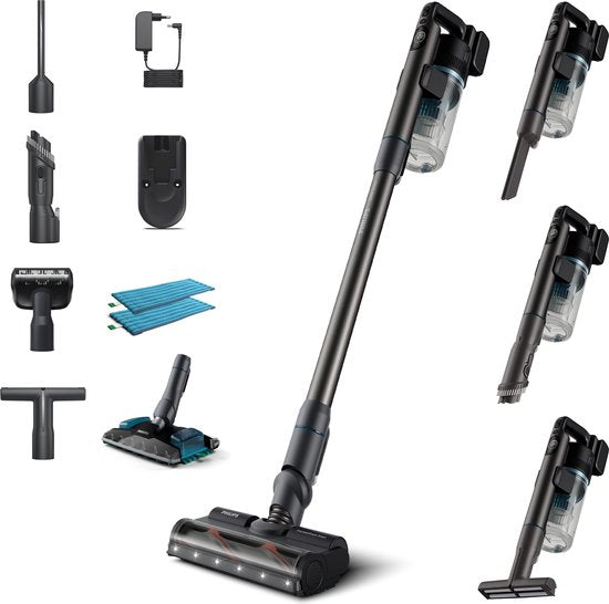 Aspirateur Philips avec fonction de lavage des sols XC8055/01 Aqua Plus - Sans fil et sans sac - Buse d'aspiration avec éclairage LED - Aspirateur à main - Autonomie de la batterie jusqu'à 80 min - Léger - Bleu