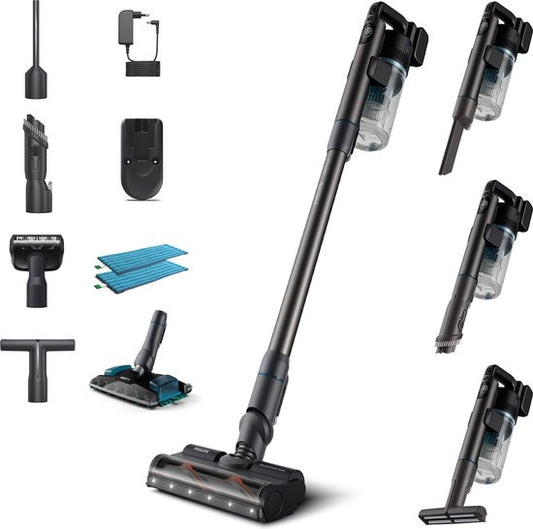 Aspirateur Philips avec fonction de lavage des sols XC8055/01 Aqua Plus - Sans fil et sans sac - Buse d'aspiration avec éclairage LED - Aspirateur à main - Autonomie de la batterie jusqu'à 80 min - Léger - Bleu