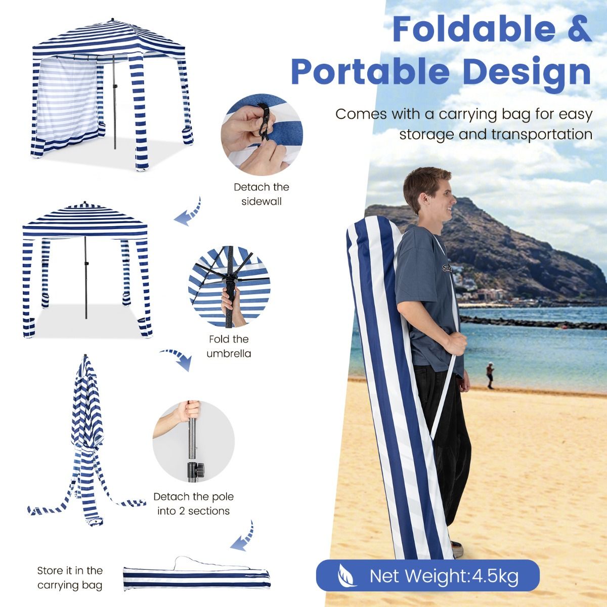 Tente de plage pliable Coast - Avec sac de transport - Paroi latérale amovible - 183 x 183 x 215-240 cm - Bleu avec blanc