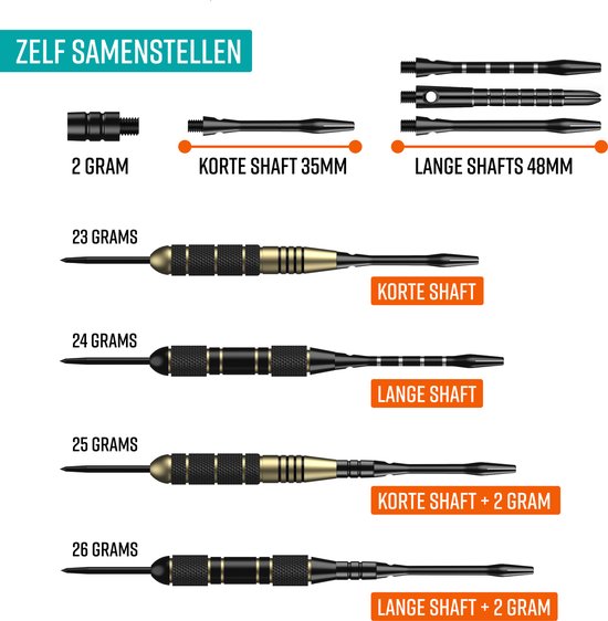 Napi Darts - 6 Fléchettes (64 pièces) - Fléchettes de 23, 24, 25, 26 grammes - 2 jeux de fléchettes en laiton de qualité supérieure - pointe en acier - avec fléchettes et étui