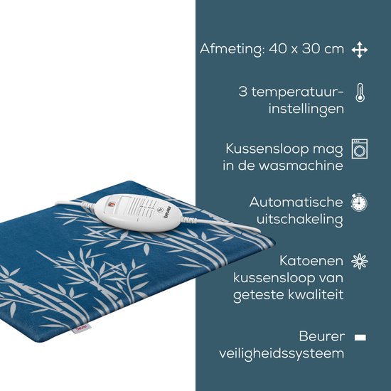 Coussin chauffant électrique Beurer HK 35 Cosy – 40 × 30 cm – 3 niveaux de chaleur – polaire douce – arrêt automatique – système de sécurité BSS – lavable en machine – garantie de 3 ans