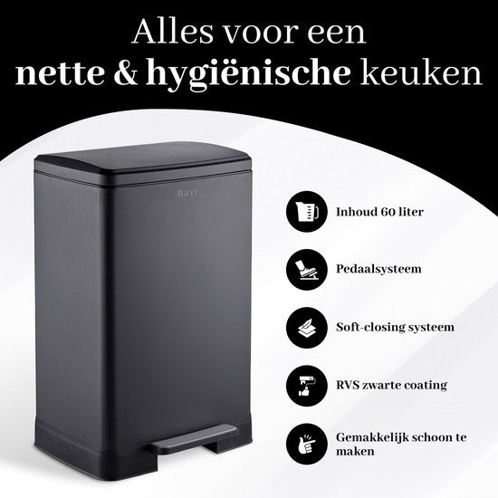 Bayt Poubelle - Poubelle 60 litres - Poubelle à pédale 60 litres - Poubelle - Inclus 2 rouleaux de sacs poubelles - acier inoxydable - Noir