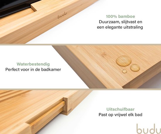 Budu Planche de bain en bambou - Planche de bain en bois - Planche de bain pour le bain - Réglable / Extensible - Support de bain - Support de bain en bambou - 70-105 cm