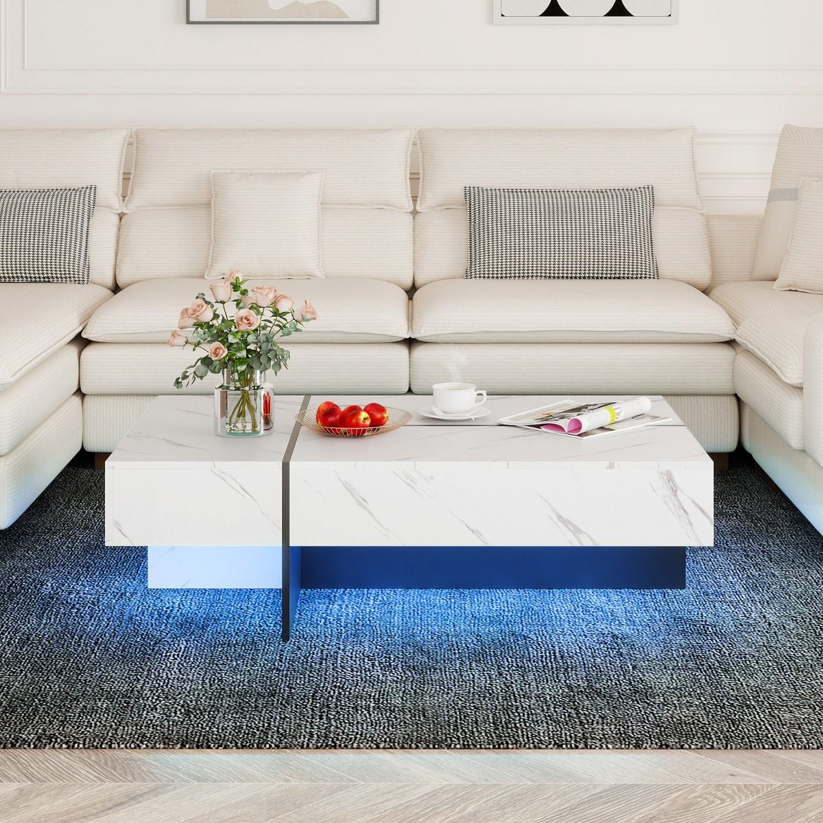 Table basse Coast avec éclairage LED - 3 tiroirs de rangement - finition brillante - blanche - 120 x 70 x 35 cm