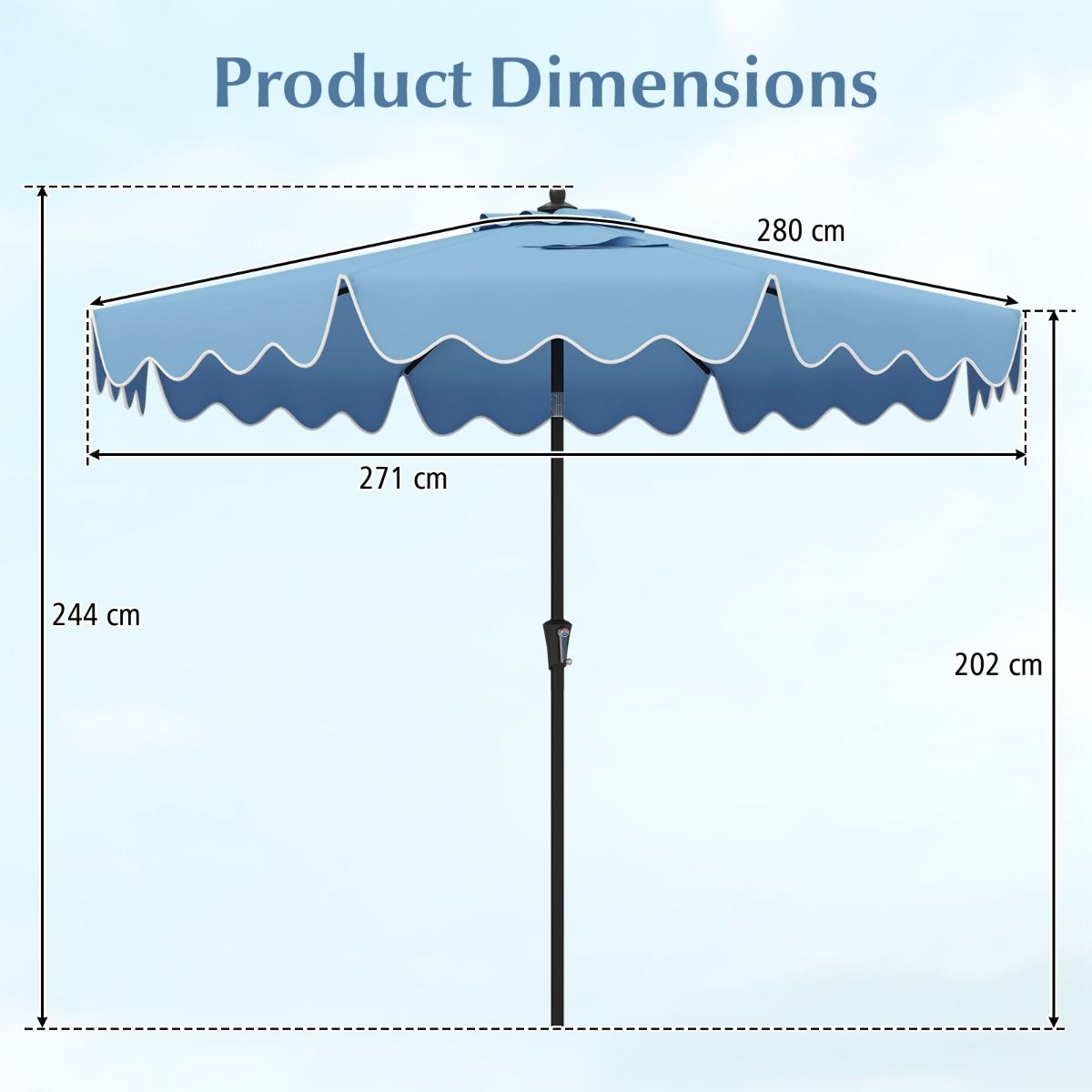 Coast Parasol 270 cm Navy Blue - Parasol de jardin avec manivelle, Volant et inclinaison de 25° Parasol de terrasse avec 8 côtes