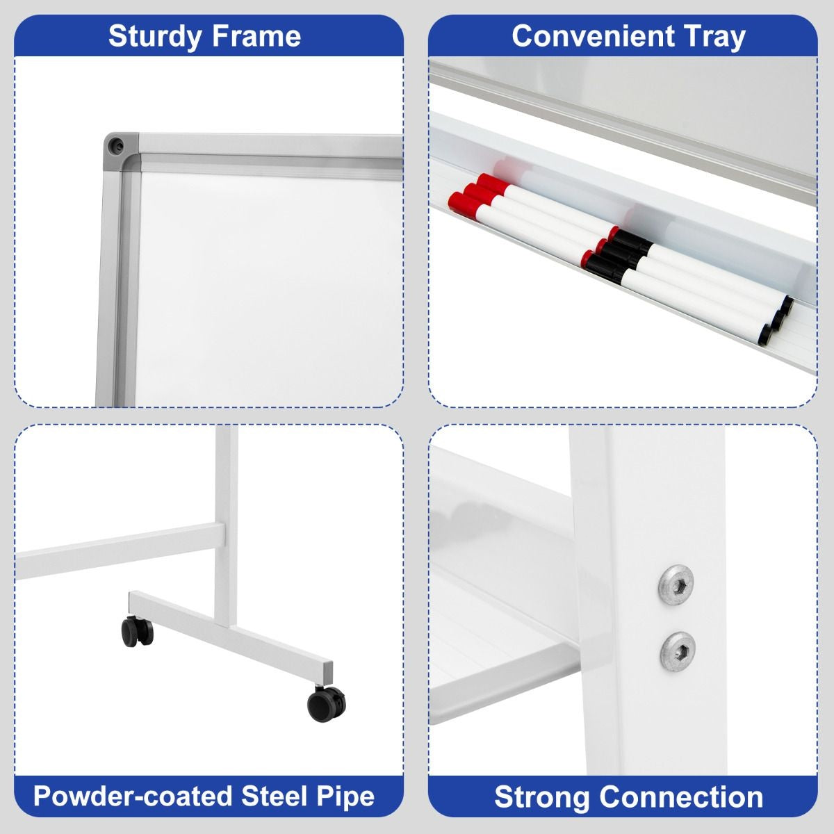 Coast Double -sided magnetic mobile whiteboard adjustable dry dipable panel on wheels white