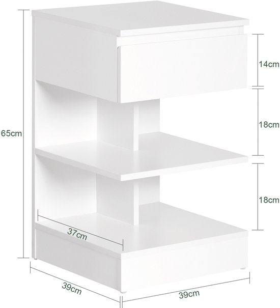 SoBuy Lot de 2 tables d'appoint, table de nuit avec 1 tiroir et 3 étagères, table basse au design scandinave pour le salon ou la chambre, blanc, 39x65x39cm, FBT49-Wx2