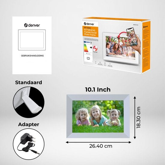 Cadre photo numérique Denver 10,1 pouces - HD - Frameo App - Cadre photo - WiFi - écran tactile IPS - 16 Go - PFF1053W