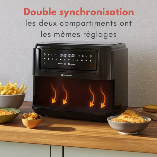 Airfryer XXL - KitchenBrothers - 9L - 2400W - Séparateur Snack - 10 Programmes de cuisson - 50ºC à 200ºC - Noir