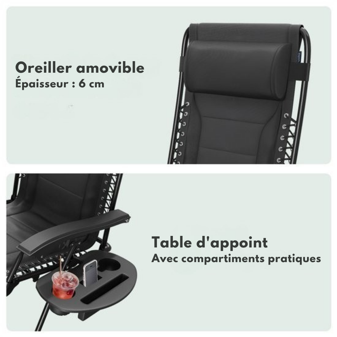 LifeGoods - Lot de 2 chaises longues - 30°-90° réglable - 150 kg max - Support pour gobelets et téléphone - Noir