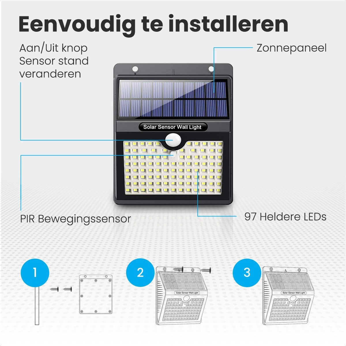 Auronic Lampe solaire d'extérieur avec détecteur de mouvement - Applique murale avec détecteur - Solaire - 97 LED - IP65 - 4 pièces - Noir