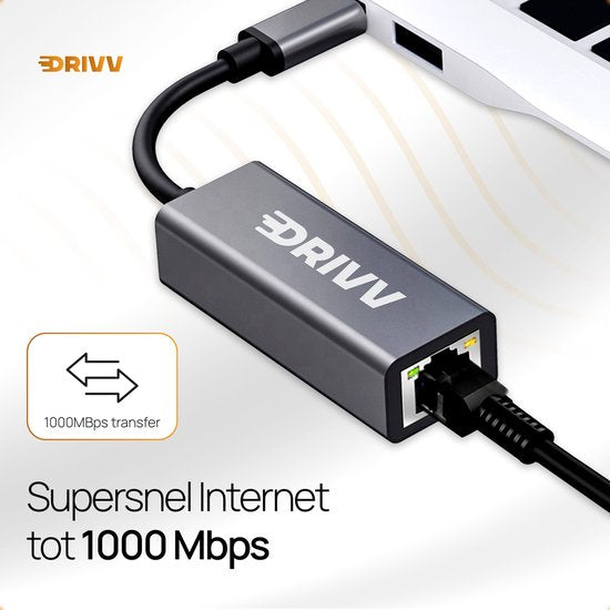 Drivv. Adaptateur USB-C vers Ethernet / Internet / Réseau - 10/100/1000 MBps - Gris