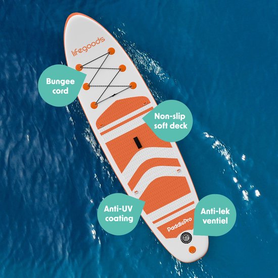 LifeGoods PaddlePro SUP Board - avec siège - Planche à pagaie gonflable - Ensemble complet - Max. 135KG - 320x81cm - Blanc/Orange