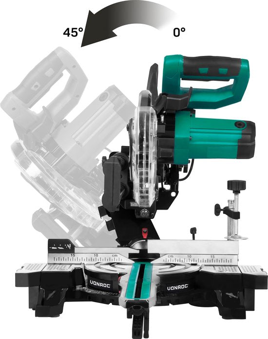 VONROC Tronçonneuse compacte - scie d'abattage - scie à onglet 2200W - Ø216mm - 5200 /min - Bras d'onglet amovible - Fonction de traction - Rallonges de table réglables - Inclinable (0-45°) - Butée de longueur - Contrôle de profondeur - Laser & LED - Lame