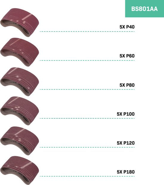 VONROC Papier abrasif - 75x457mm - 30 pièces - granulométrie P40, P60, P100, P120, P180 - Convient à VONROC BS501AC
