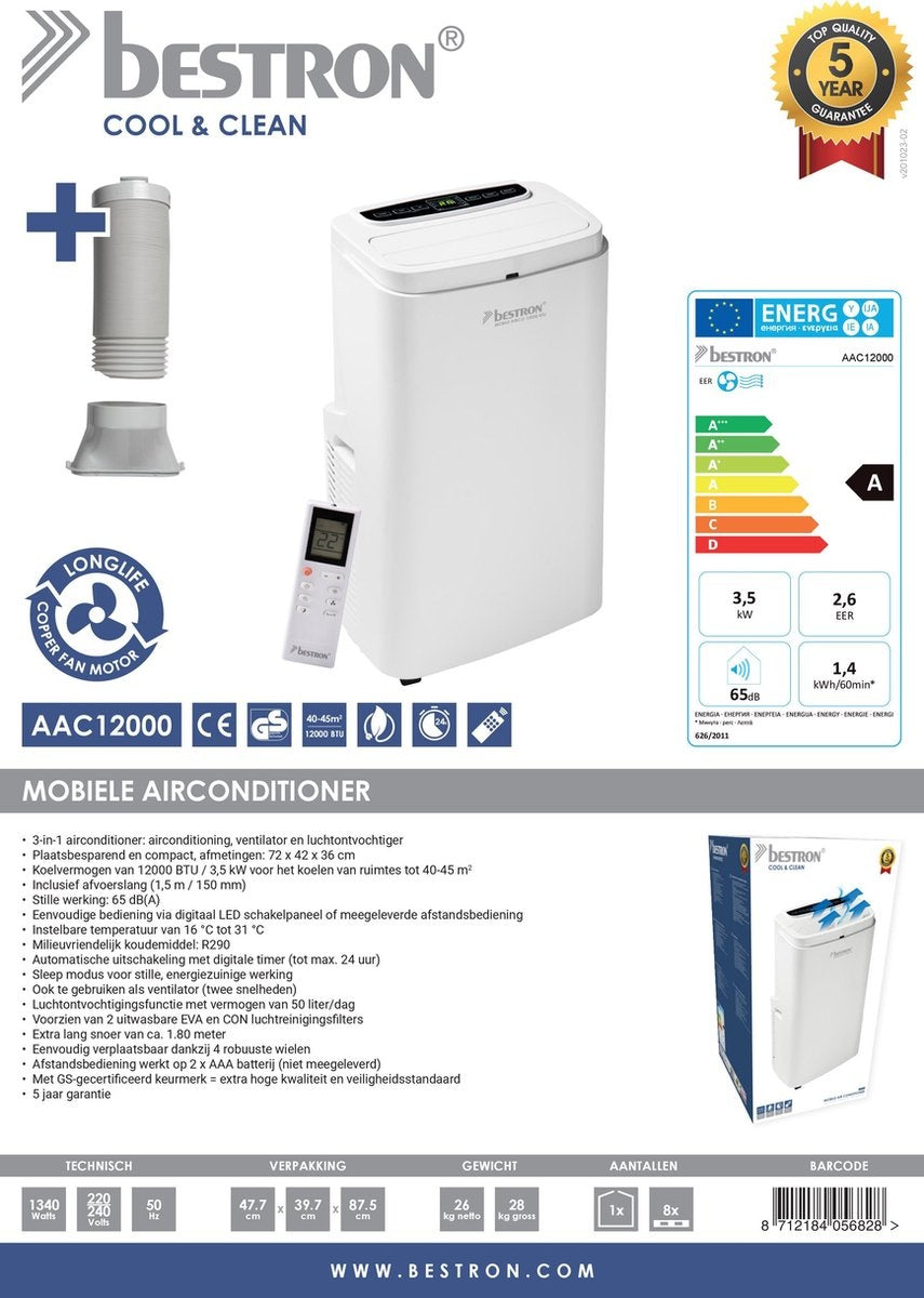 Bestron mobiele airco, airconditioning voor ruimtes tot 45m², koelvermogen 3,5 kW, met met CFC vrije koelmiddel, 12.000 BTU/h, kleur: wit