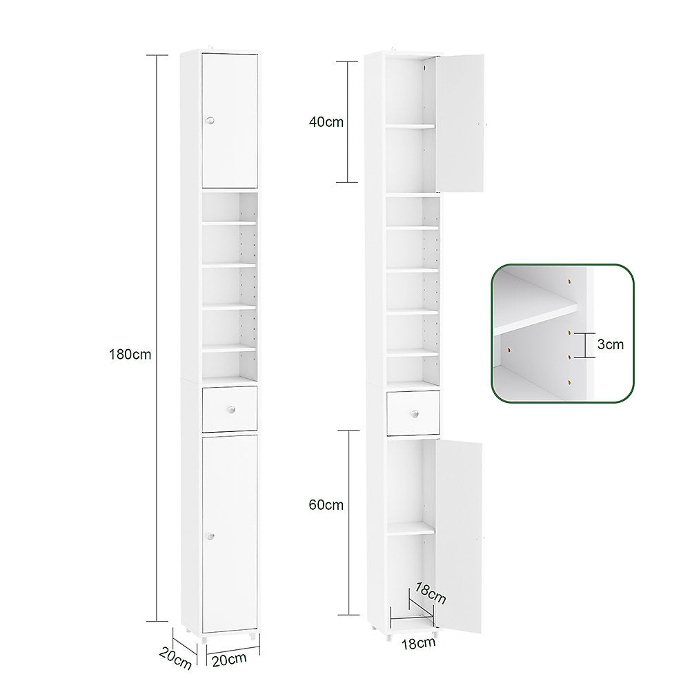 SoBuy Meuble de salle de bain haut et étroit - Meuble de rangement compact avec étagères et tiroir réglables - 20x20x180 cm - Blanc