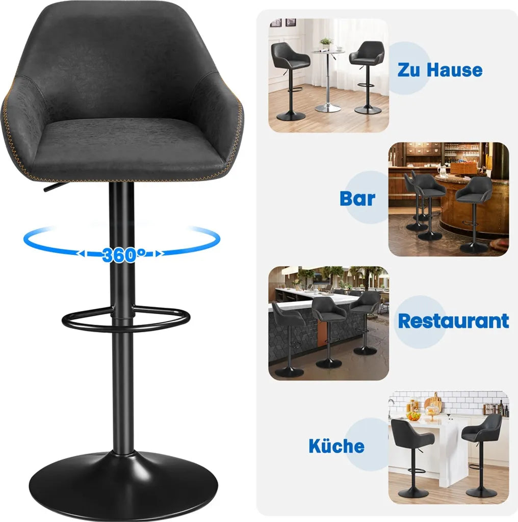 Yaheetech Barstools Set of 2 - Black Faux Leather - Adjustable 87.5-107.5 cm - 360° Rotatable with Backrest and Footrest
