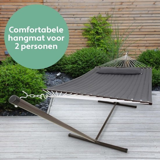 Hamac - Vita5 - Avec support et poteau d'écartement - 2 personnes - Coussin amovible - Résistant aux intempéries - Gris foncé