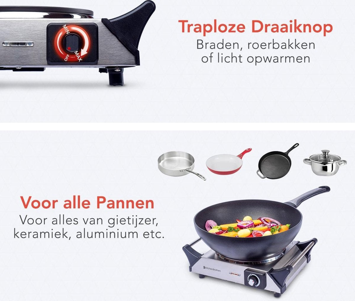 KitchenBrothers Table de cuisson électrique - 1 brûleur - 1500W - inox