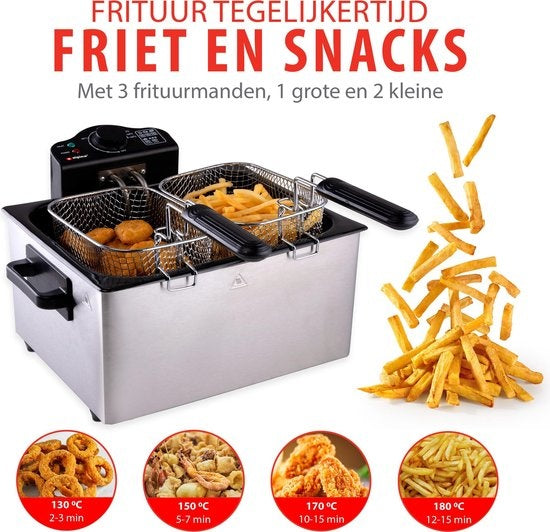 Friteuse double Alpina, 3 paniers - 2,5 / 5 litres 2000 Watt - inox