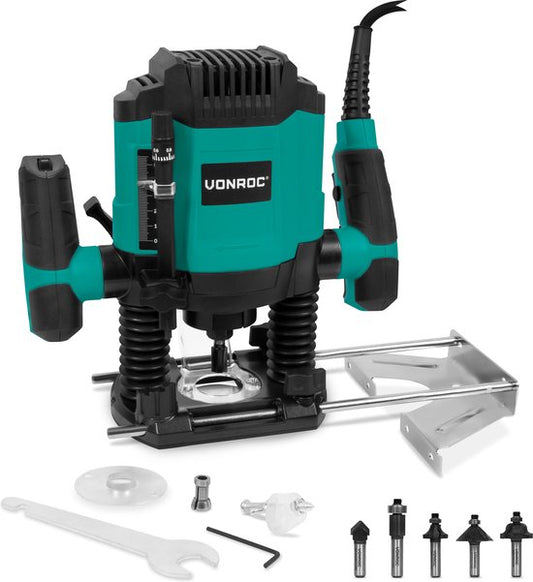 VONROC Router 1200W - 6-8mm - Vitesse variable 16,000 - 30,000 rpm - Livré avec un jeu de 6 pièces, un guide de gabarit, un guide parallèle et une broche de centrage.