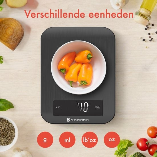 KitchenBrothers Kitchen scale - Balance de cuisine - Numérique - 1g à 10kg - Piles incluses - Acier inoxydable/Noir Gunmetal