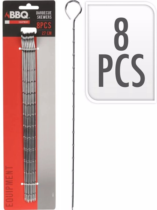 Brochettes pour barbecue - 8 pièces - Métal - 27,5 cm - Poignée ronde - Accessoires pour barbecue