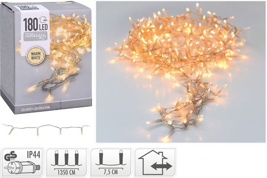 Lumières LED - 180 LED - 13,5 mètres - Blanc chaud - Cordon transparent