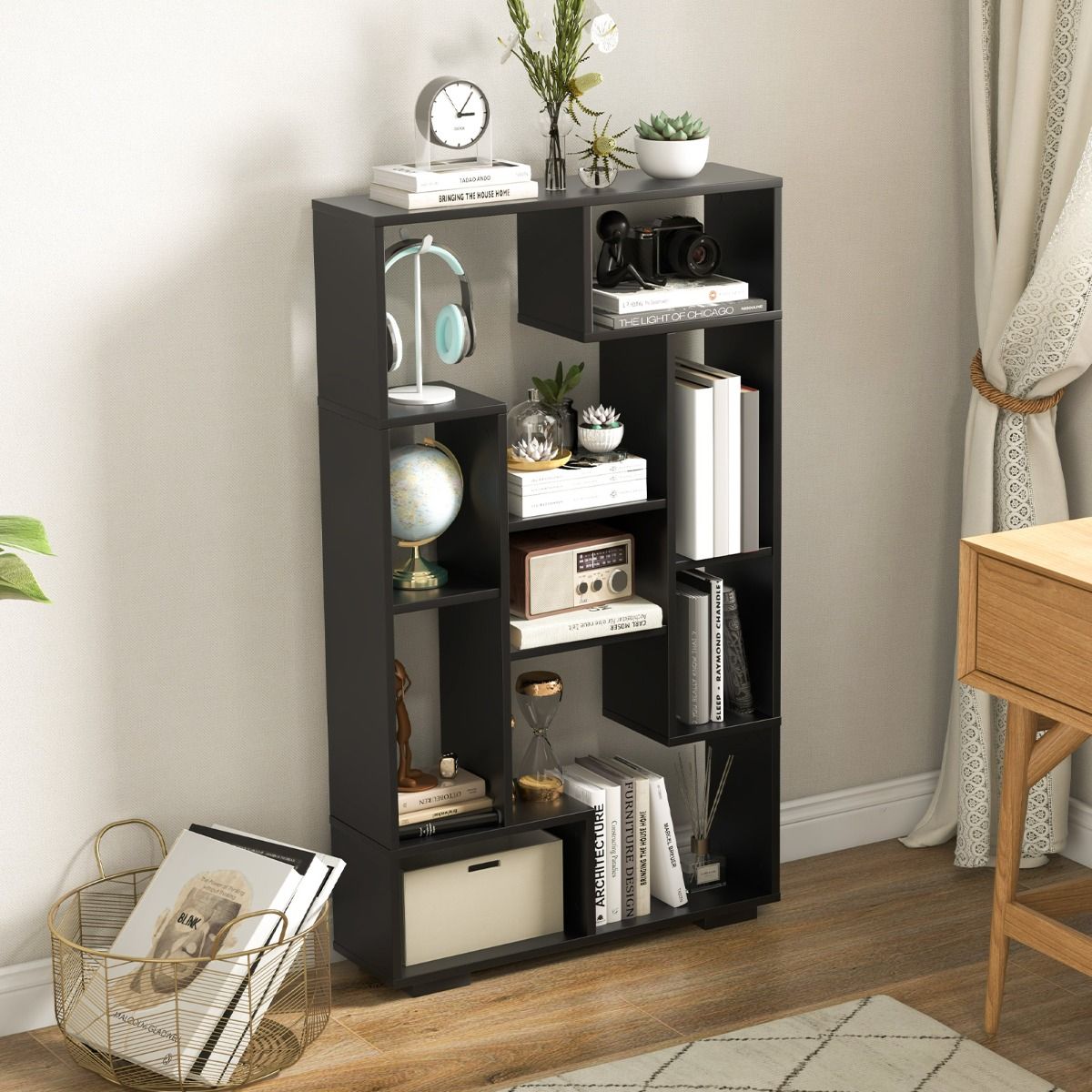 Coast Bookcase Black - 70×20×120 cm - Rayonnage ouvert géométrique avec 11 étagères et protection contre le basculement