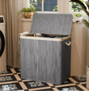 Panier à linge en bambou Juskys - 150 litres - 3 compartiments - gris - avec couvercle