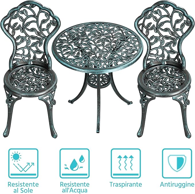 Ensemble de bistrot Yaheetech 3 pièces – Vert – Ensemble de jardin en métal comprenant 2 chaises et une table