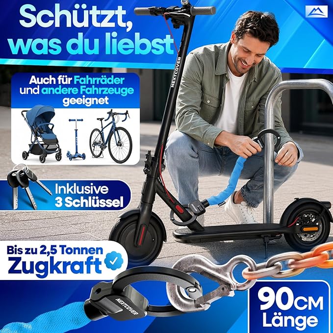 Cadenas pour trottinette électrique NEXTCOVER - Cadenas à main - 90 cm - 3 clés - Résistant aux intempéries
