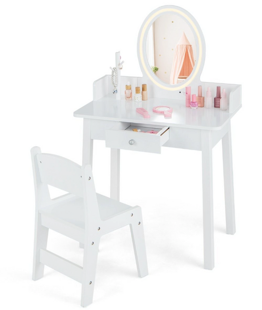 Coast Ensemble coiffeuse et chaise pour enfant - Bureau 2-en-1, Miroir LED bicolore, Anti-bascule - 60 x 35 x 96 cm - MDF/Bois vert - Blanc
