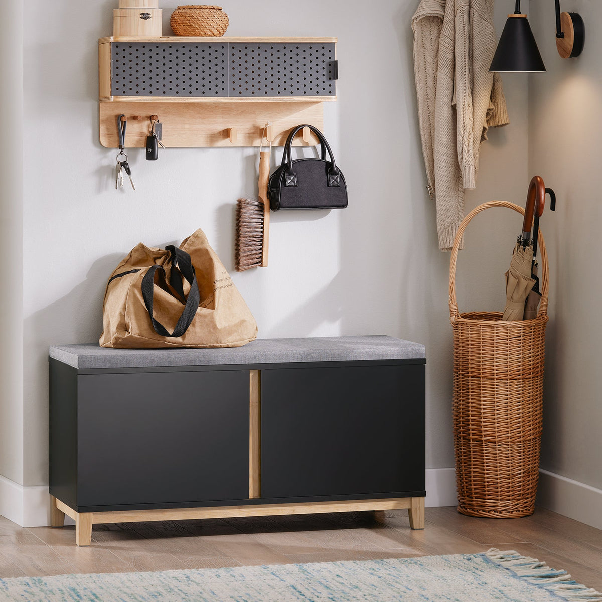 SoBuy FSR117-SCH Banc à chaussures - Banc de rangement noir avec 2 portes