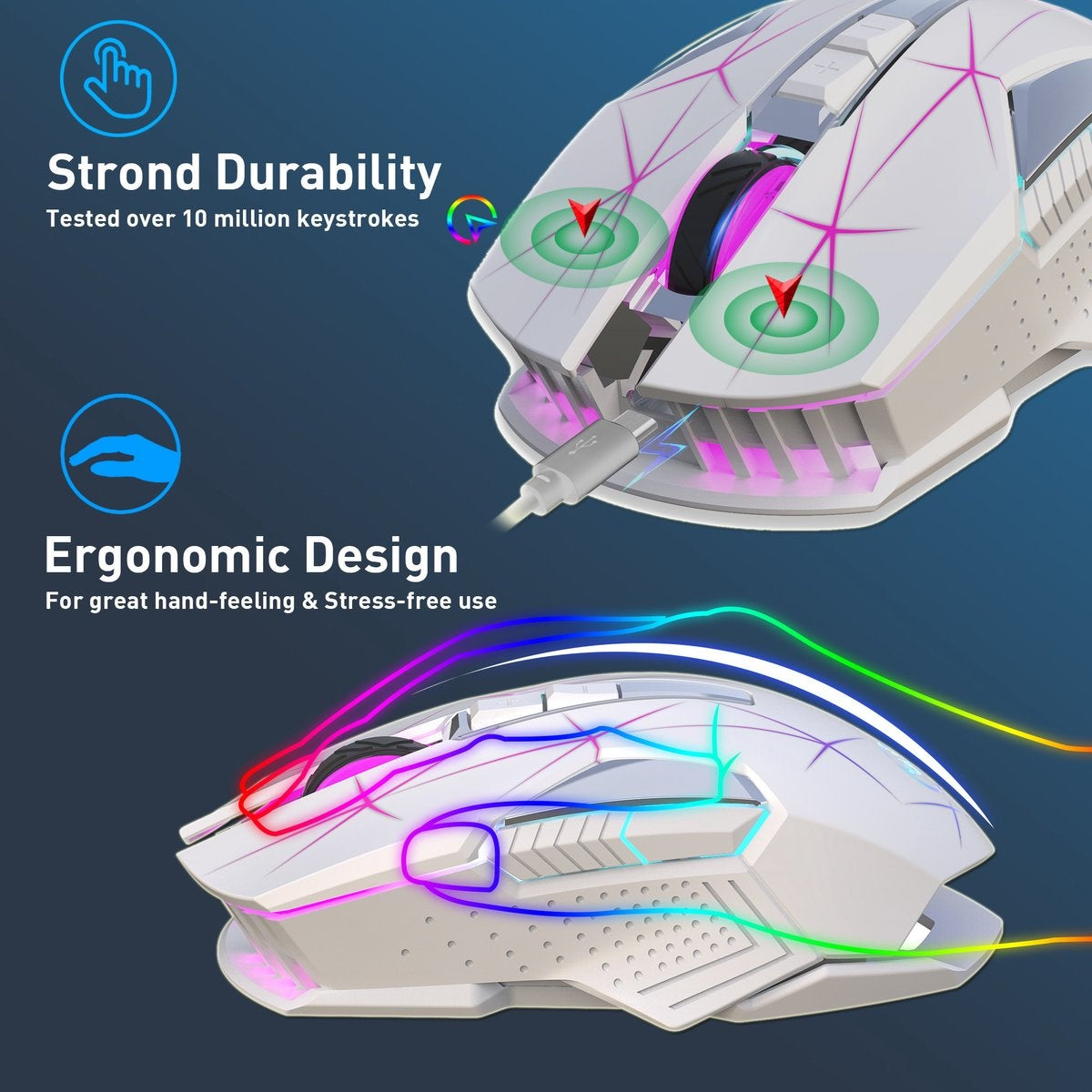 HXSJ T300 2.4G Wireless Gaming Mouse - Souris d'ordinateur - Ultra légère - Compacte pour les voyages - Eclairage RGB - Blanc