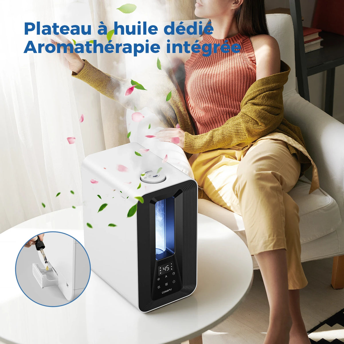 Humidificateur à ultrasons Conopu 5 L - Contrôle intelligent de l'humidité - Buses de pulvérisation à 360° - Diffuseur d'arômes - Éclairage d'ambiance LED - Noir - 170 x 240 x 327 mm