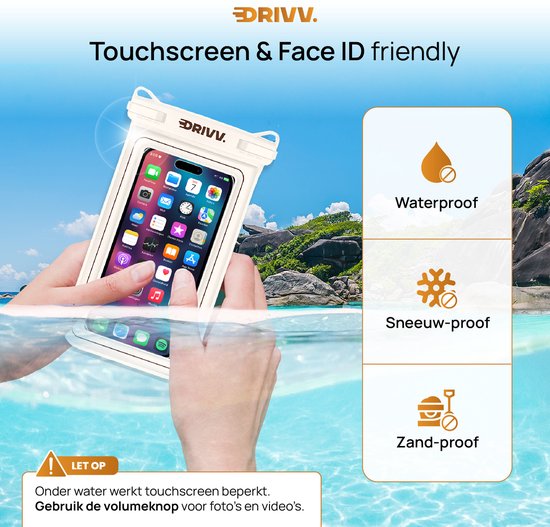 Drivv. Étui de protection étanche de luxe pour téléphone – Flottant – Double fermeture à clip – Téléphones jusqu'à 6,8 pouces – Étui de protection sous-marin pour téléphone – Beige