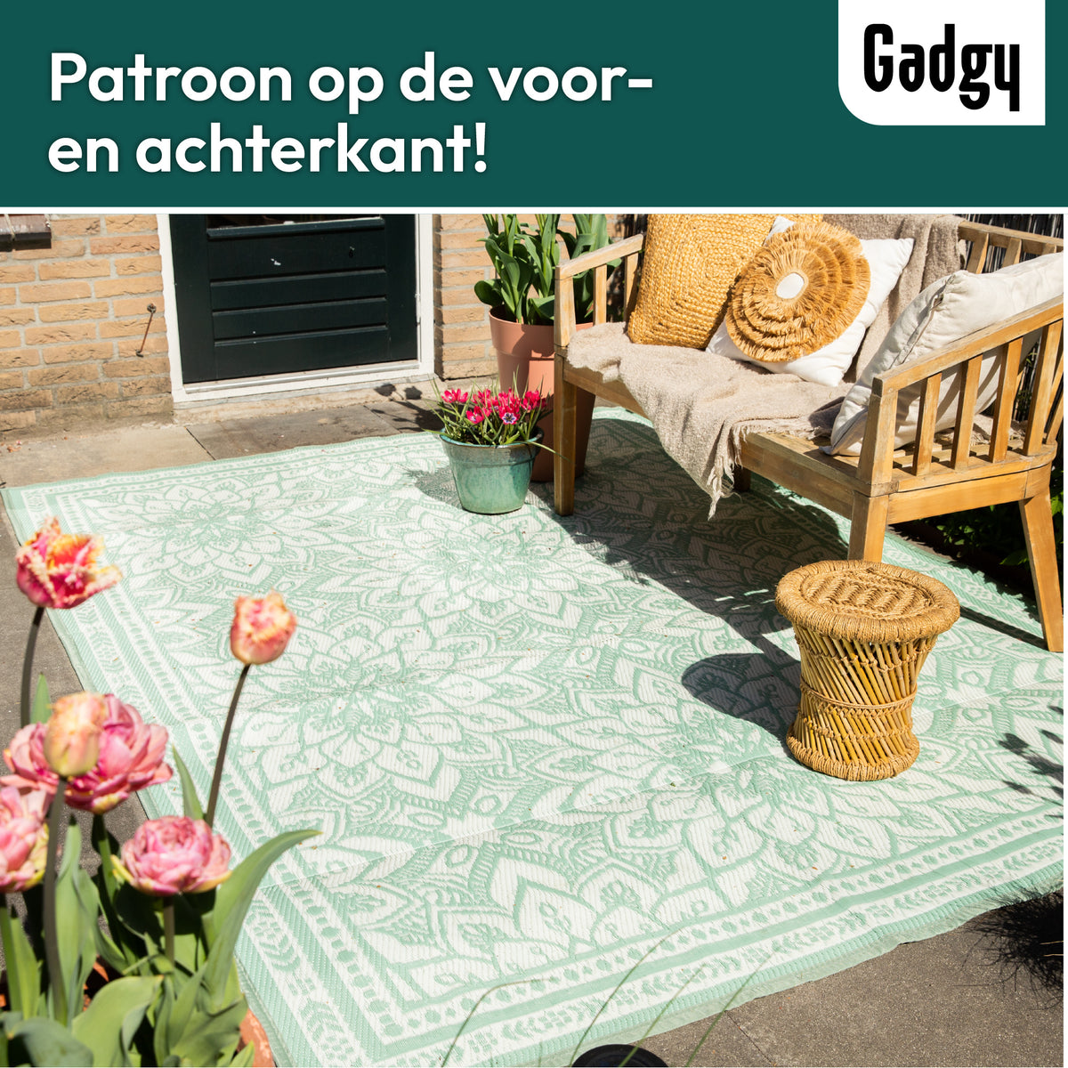 Tapis d'extérieur Gadgy XXL - Tapis d'extérieur 270x200 cm - Tapis de jardin double face - Tapis de pique-nique vert blanc - Tapis d'extérieur