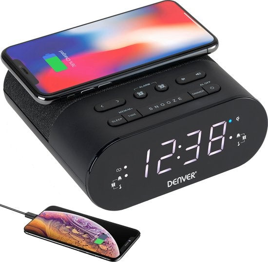 Denver Radio-réveil avec chargeur sans fil - Réveil numérique - Radio FM - Double alarme - Variateur - CRQ107 - Noir
