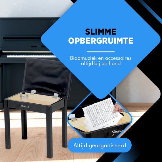Finesse Tabouret de piano - avec rangement - Coussin souple - Banc de piano - Chaise de piano - Noir