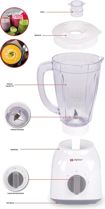 alpina Blender - 1,5 Litre - 400 Watt - Fonction Turbo - Bol en plastique - Blanc