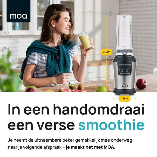 MOA Blender - Blender to Go - Mini Blender - 2 gobelets en Tritan de 600ml - Smoothie Maker - 800W - Silver - MB10S