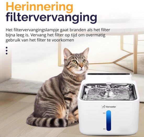 Fontaine à eau sans fil Viervoeter en acier inoxydable - Fontaine à eau à capteur pour chats et chiens - Filtre inclus - 3,2 L - Autonomie de 30 jours - Silencieuse - Blanche