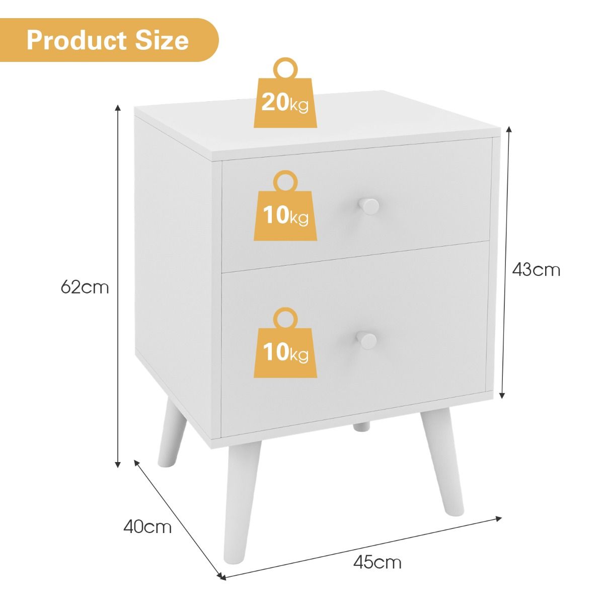 Coast Table de chevet 2 tiroirs 45x40x62 cm - Commode en bois blanc avec pieds en bois massif d'hévéa
