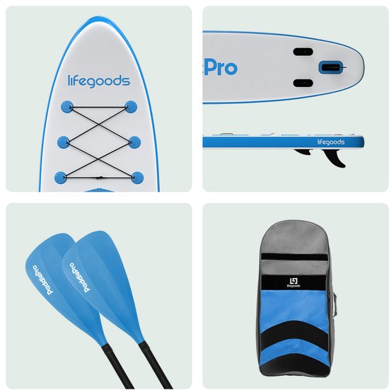 LifeGoods PaddlePro SUP Board - avec siège - Planche à pagaie gonflable - Ensemble complet - Max. 135KG - 320x81cm - Blanc/Bleu ciel