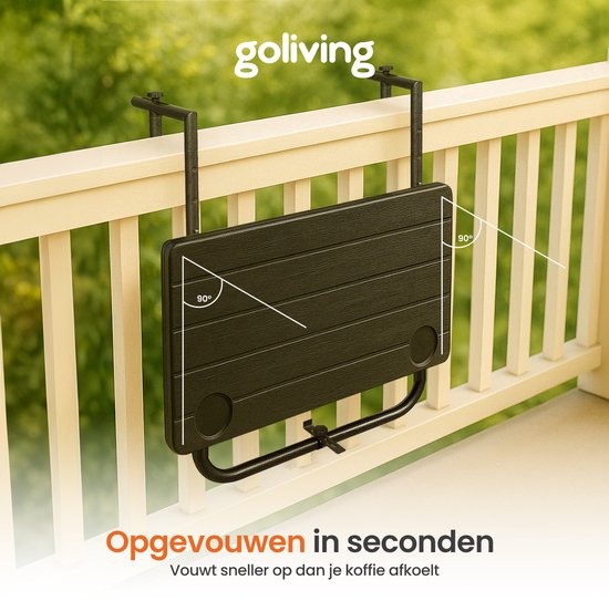 Goliving Table de balcon - Pliante - Suspendue - 60 x 40 cm - Réglable en 3 hauteurs - Résiste aux intempéries - 2 porte-gobelets - Noir