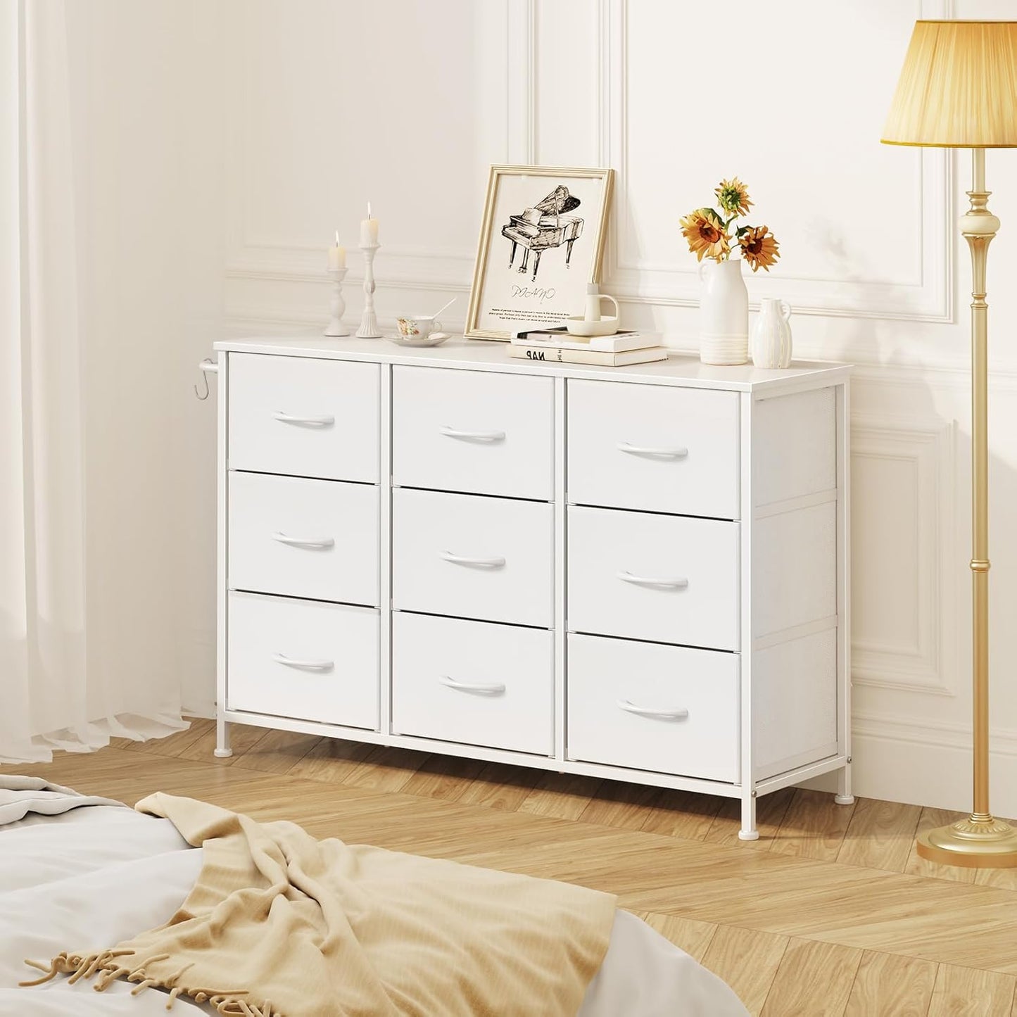 Leader Accessories Commode à 9 tiroirs en tissu pour l'entrée et le salon - 100 x 30 x 65 cm - Blanc