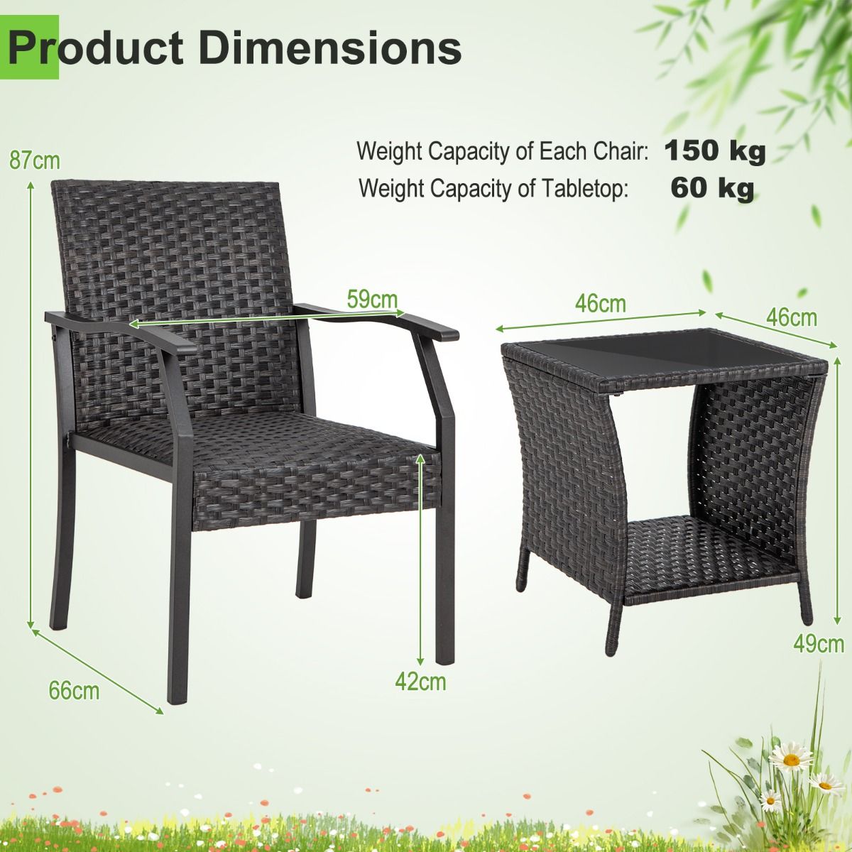 Coast 3-Piece Wicker Patio Set - 2 Chaises tapissées 66x59x87 cm + Table basse 46x46x49 cm - Mélange brun, verre trempé & rotin PE